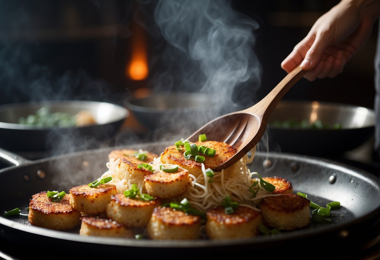 A wok sizzles as a chef fries fish cake slices with soy sauce, garlic, and green onions. Steam rises, filling the kitchen with savory aromas