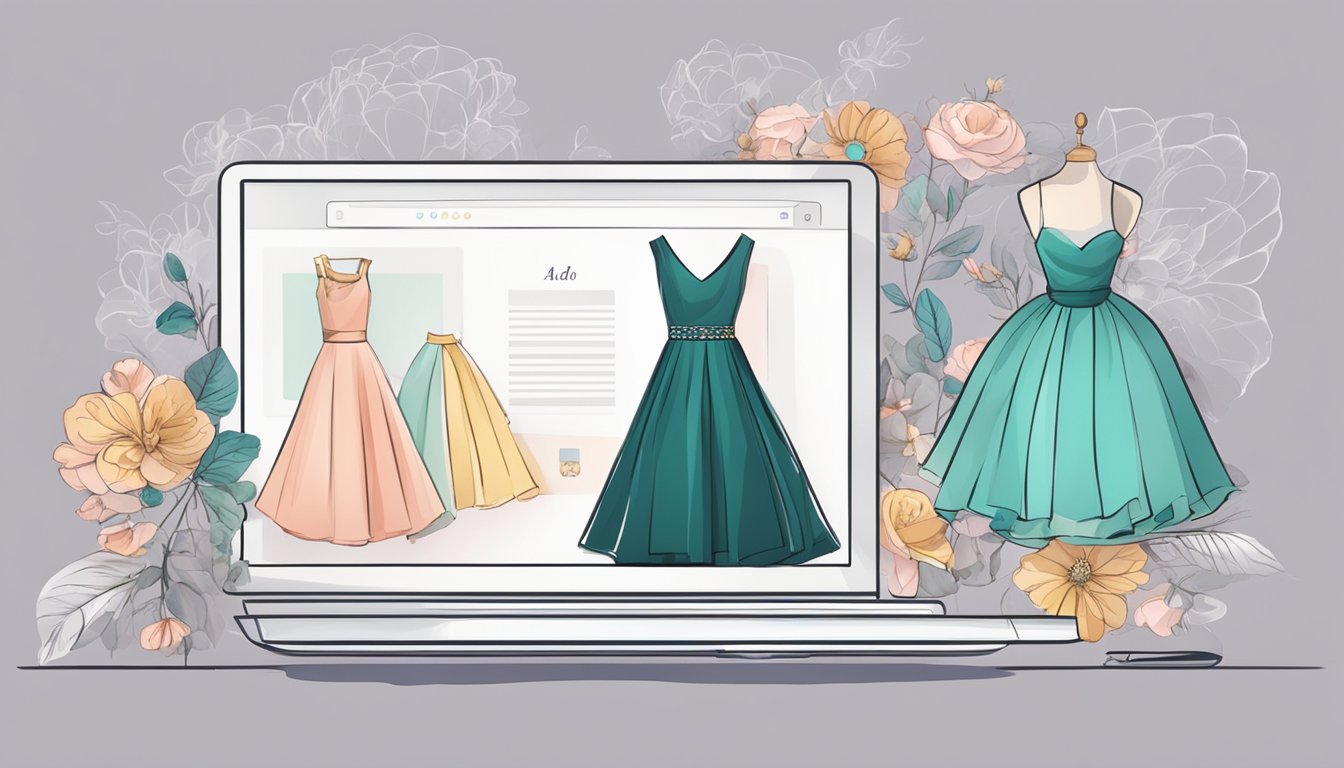 A computer screen displays a website with a variety of elegant dresses. A mouse hovers over the "add to cart" button