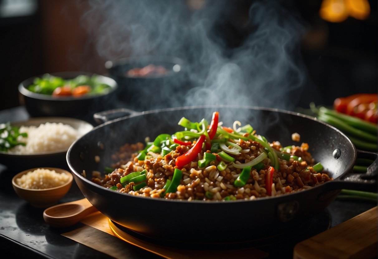 A wok sizzles as minced pork, ginger, and garlic cook in a fragrant mixture of soy sauce, rice wine, and sugar. Green onions and chili peppers add a pop of color to the dish