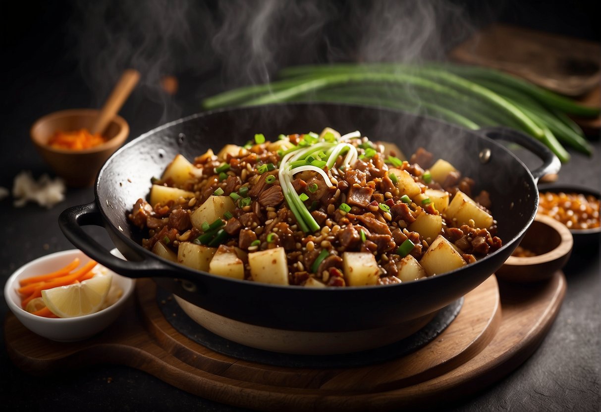 A wok sizzles with minced pork, potatoes, and Chinese spices, creating a savory aroma. Chopped green onions and soy sauce sit nearby