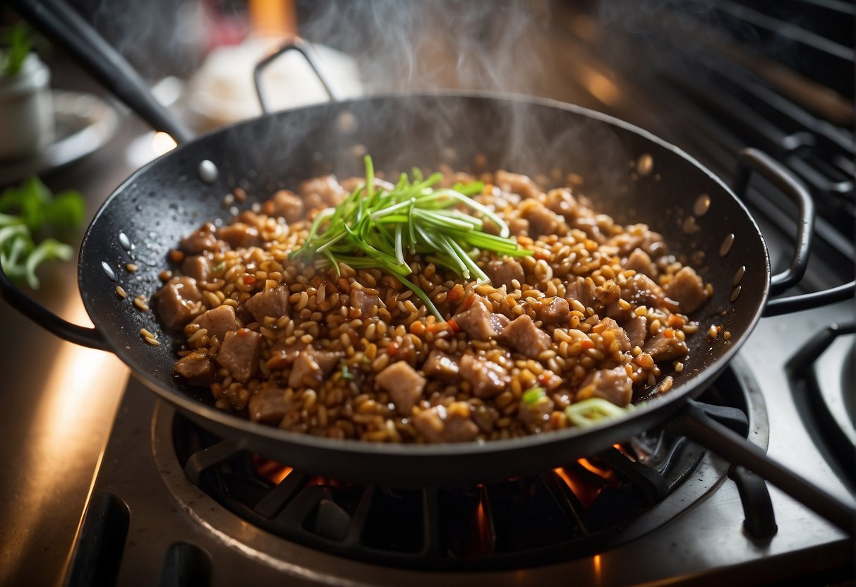 A wok sizzles with minced pork, garlic, and ginger, as soy sauce and spices fill the air in a Chinese kitchen