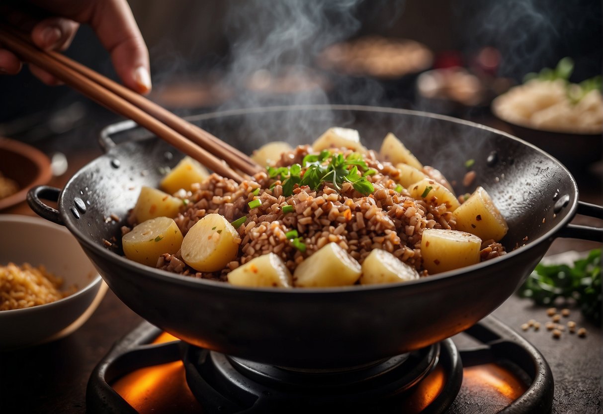 Minced pork and potatoes being mixed in a wok with Chinese spices