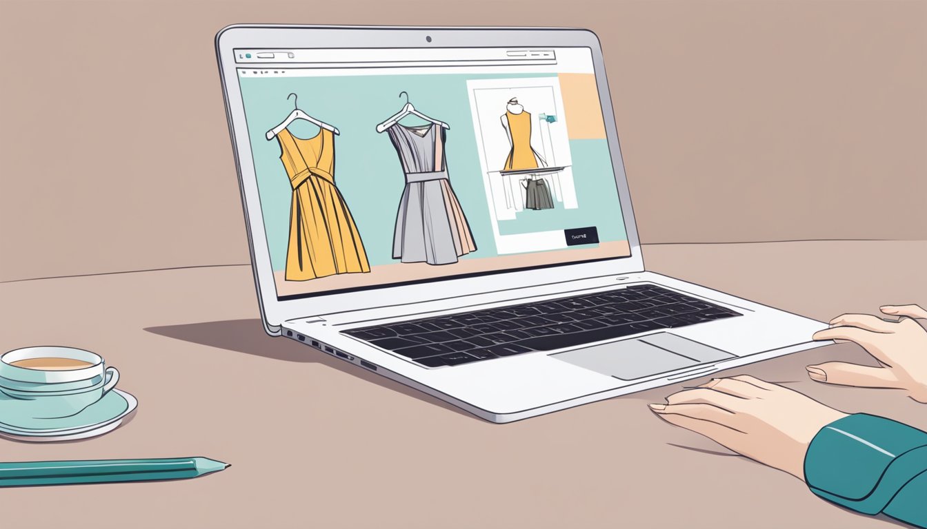 A laptop with a fashion website open, showing elegant dresses. A customer's hand hovers over the mouse, ready to click