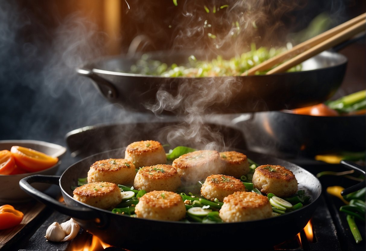 A sizzling wok cooks golden fish cakes, surrounded by vibrant ingredients like ginger, garlic, and scallions. A fragrant aroma fills the air