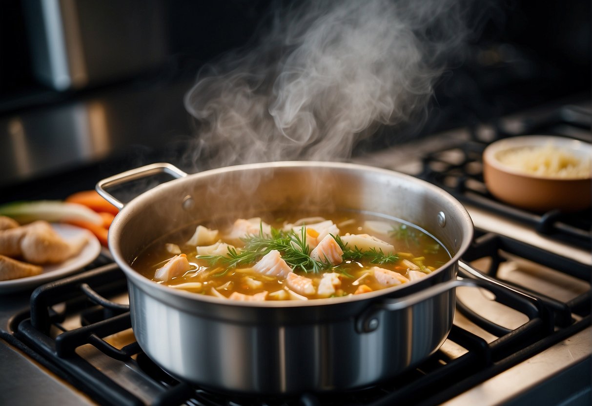 A pot simmers on a stove, filled with fish bones, ginger, and water. Steam rises as the broth cooks, filling the air with savory aroma
