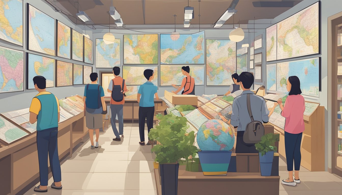 A bustling map store in Singapore with rows of colorful wall maps and globes on display. Customers browse and point at different maps, while a salesperson assists a couple with their purchase