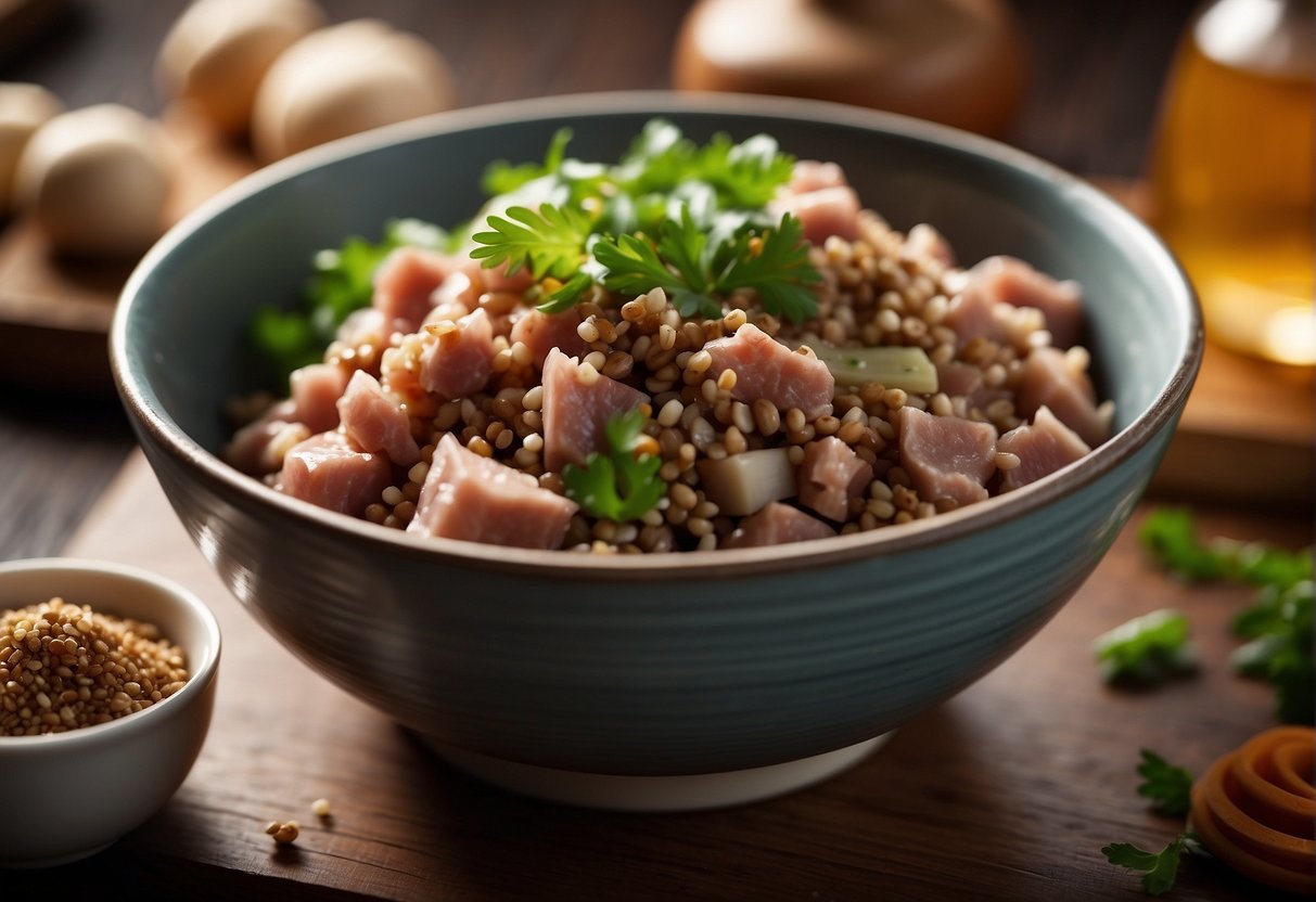 Minced pork, ginger, garlic, and soy sauce in a mixing bowl. Chinese spices and herbs arranged on a wooden cutting board
