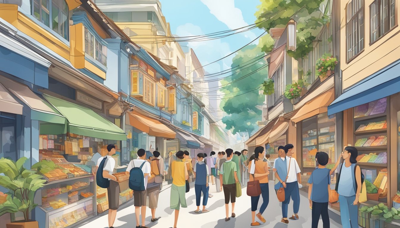 A bustling street in Singapore, with colorful storefronts displaying a variety of wall maps. Customers browse the selection, pointing and discussing their choices with the shopkeepers