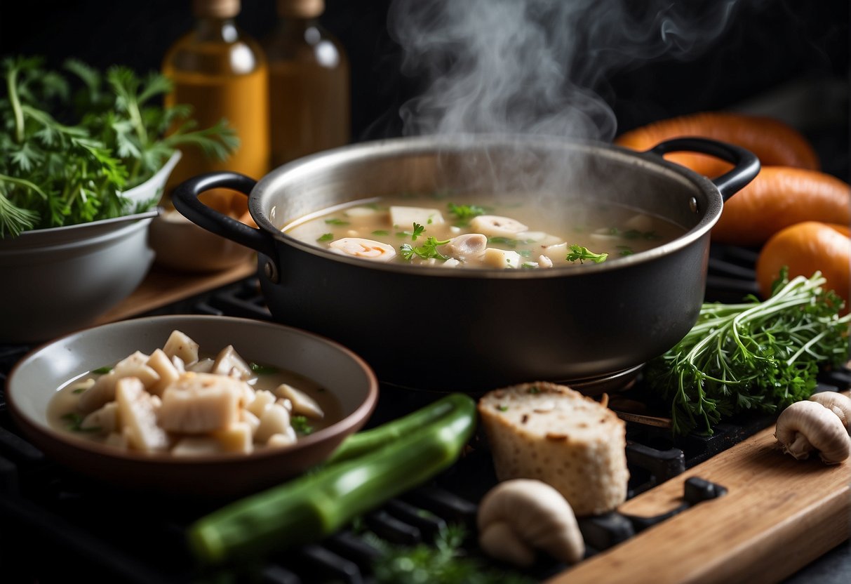 A steaming pot of fish bone soup simmers on a stovetop, surrounded by aromatic ingredients like ginger, scallions, and mushrooms