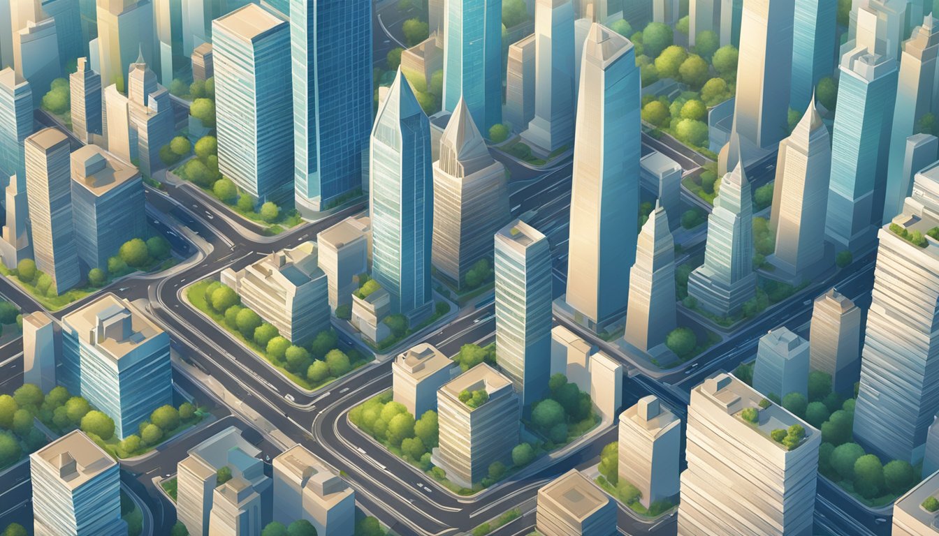 Cityscape with bustling streets and skyscrapers. A business district with wall maps displayed in offices and urban planning centers