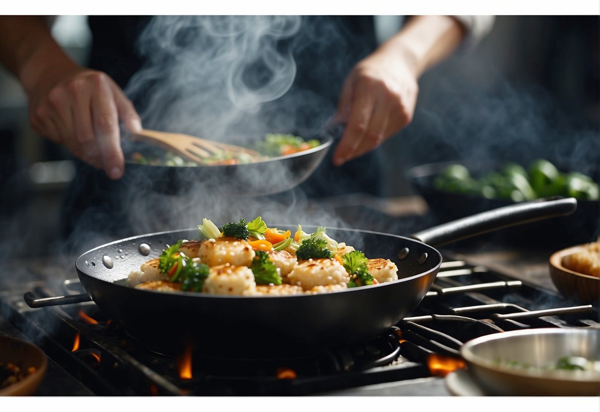 A wok sizzles as a fish cake sizzles in hot oil. A chef adds soy sauce and ginger, filling the air with savory aromas
