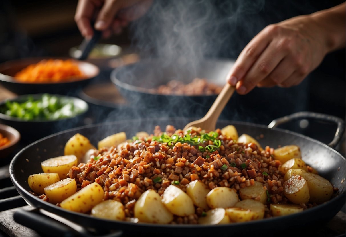 Minced pork and potatoes being seasoned and mixed in a wok, with various Chinese spices and sauces nearby