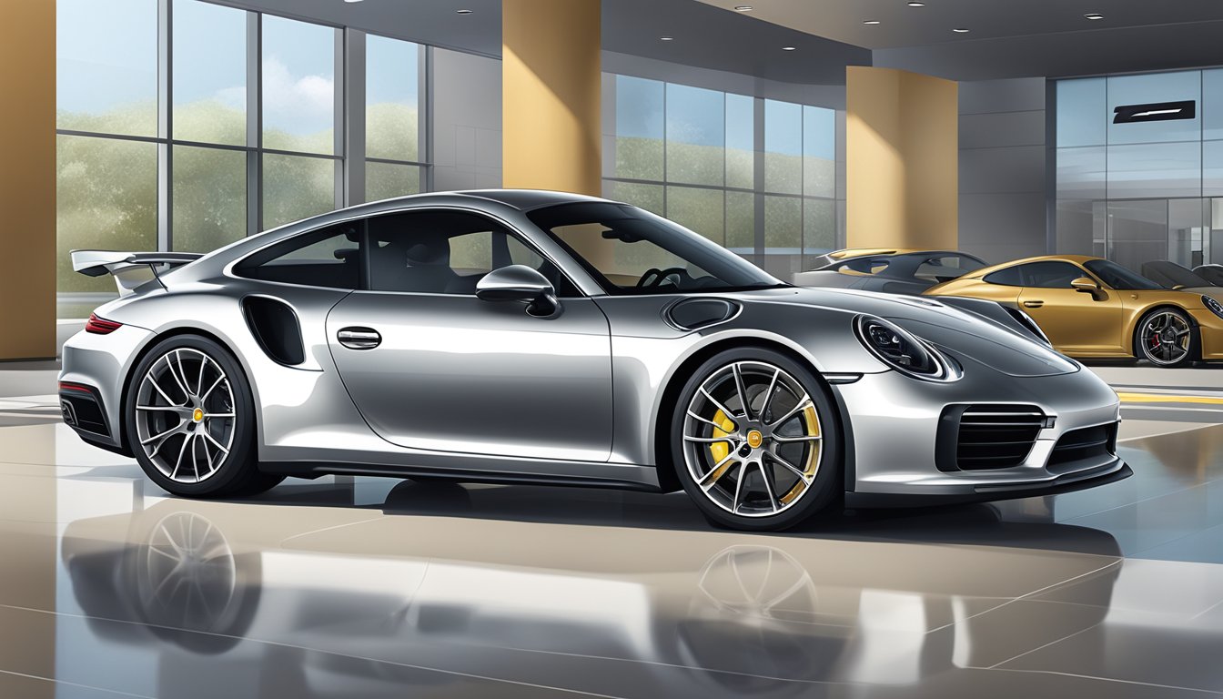 A sleek silver Porsche 911 Turbo S parked in front of a modern, upscale dealership showroom with a pristine interior and polished floors