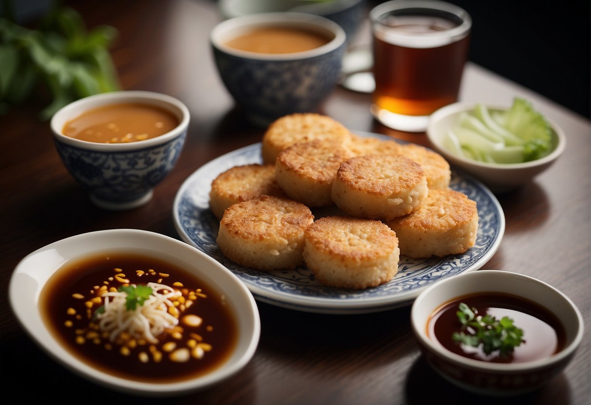 A table set with Chinese fish cakes, chopsticks, and dipping sauce