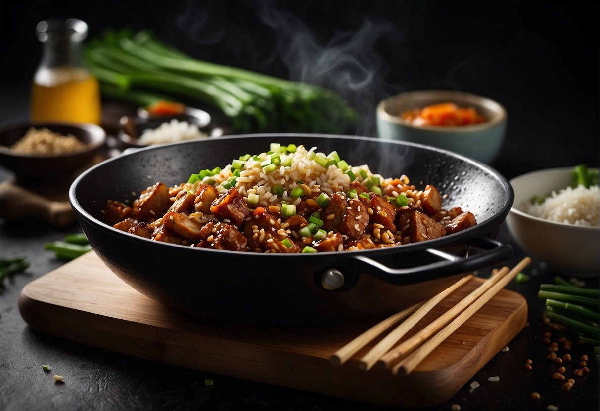 A wok sizzles with minced pork, garlic, and ginger. Soy sauce and hoisin add depth. Green onions and sesame seeds garnish