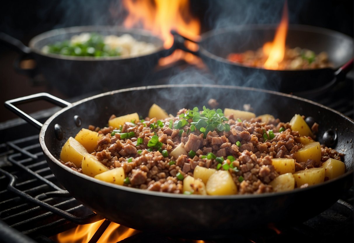 Minced pork sizzling in a wok with diced potatoes, garlic, and ginger, as aromatic Chinese spices fill the air