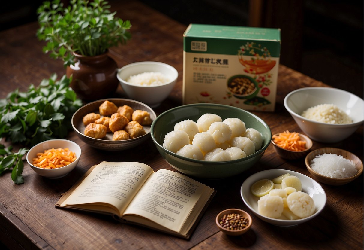 A table set with ingredients and utensils for making Chinese fish cake, with a recipe book open to the "Frequently Asked Questions" section