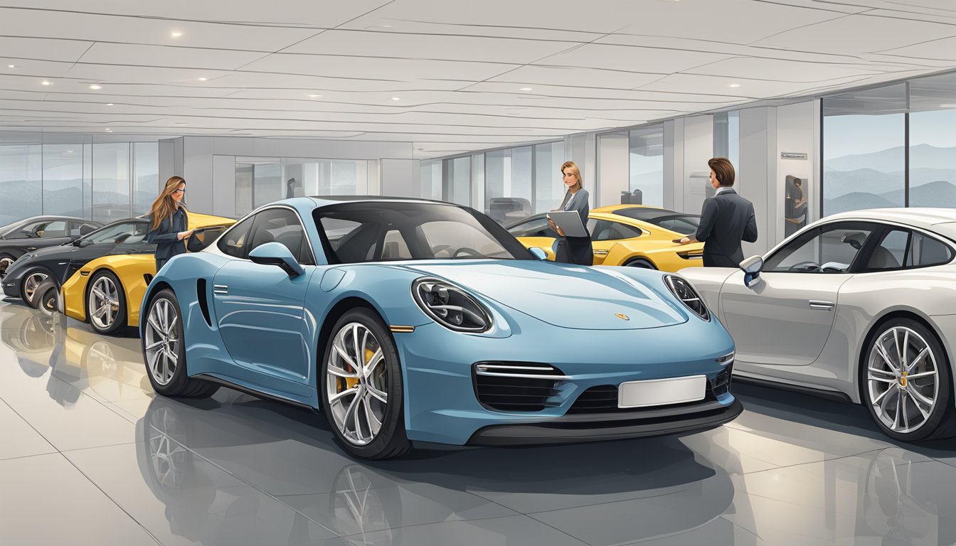 A sleek Porsche lineup, with various models on display. A knowledgeable salesperson assists a customer in selecting the perfect Porsche