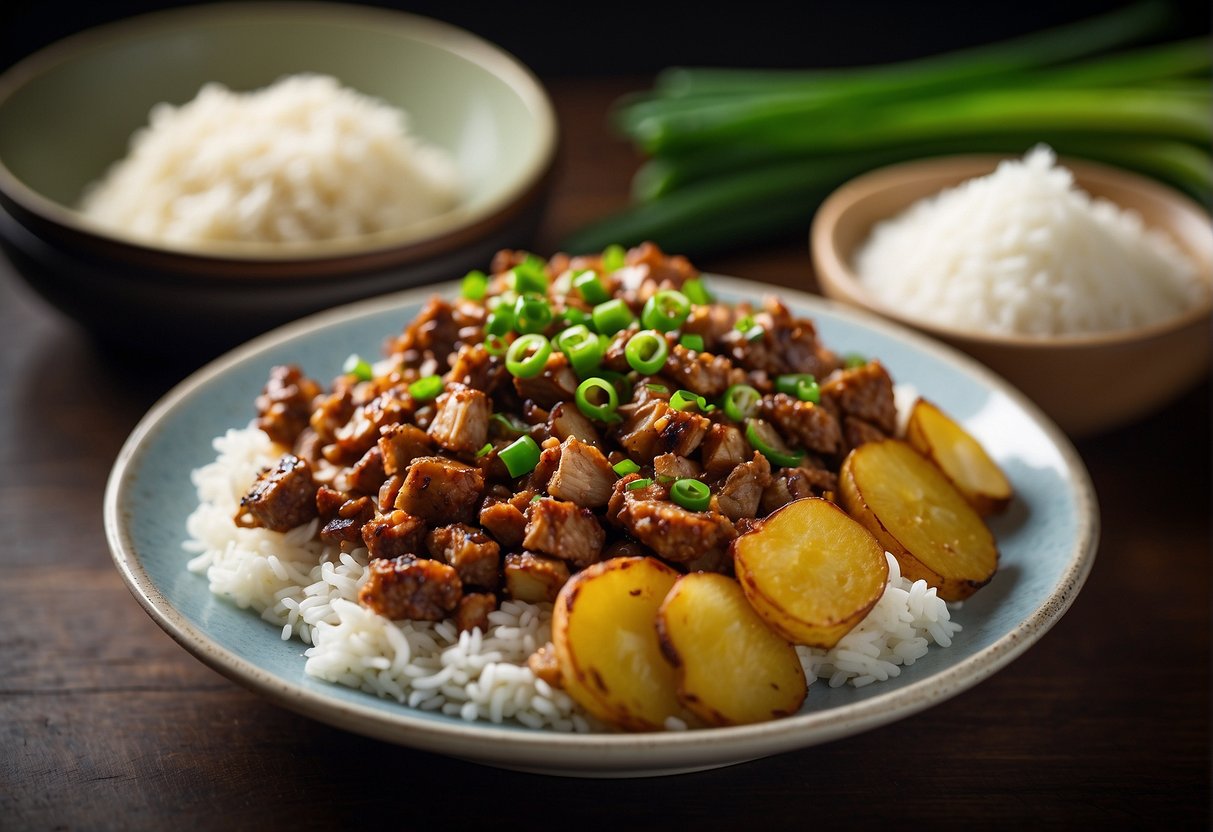 A plate of steaming minced pork and potato stir-fry, garnished with fresh green onions and served alongside a bowl of fluffy white rice