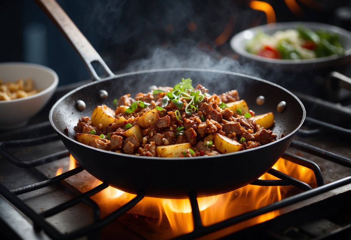 A wok sizzles as minced pork and potatoes fry in a fragrant blend of Chinese spices, creating a mouthwatering aroma
