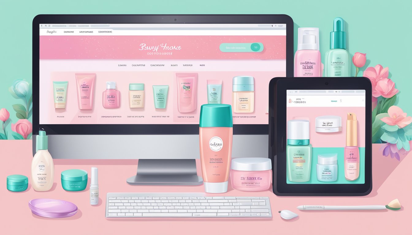 A computer screen displaying the website "Etude House" with a variety of beauty products and a "Buy Now" button