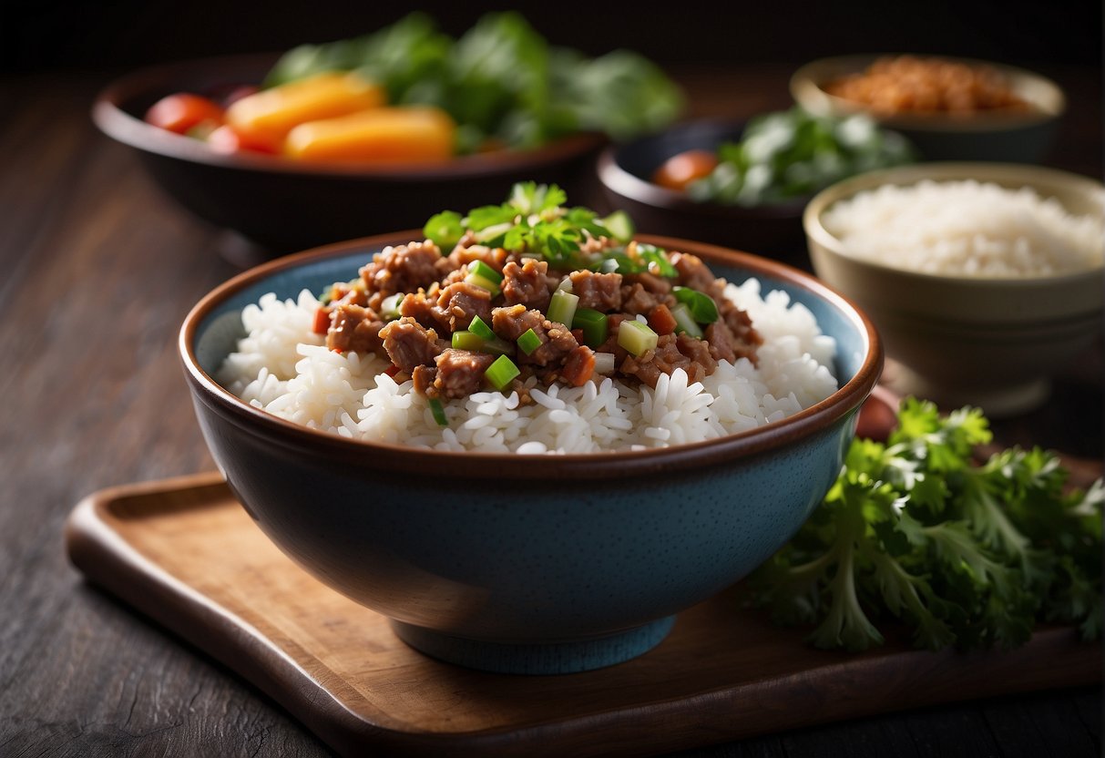 A steaming bowl of Chinese-style minced pork with colorful vegetables and a side of fluffy white rice