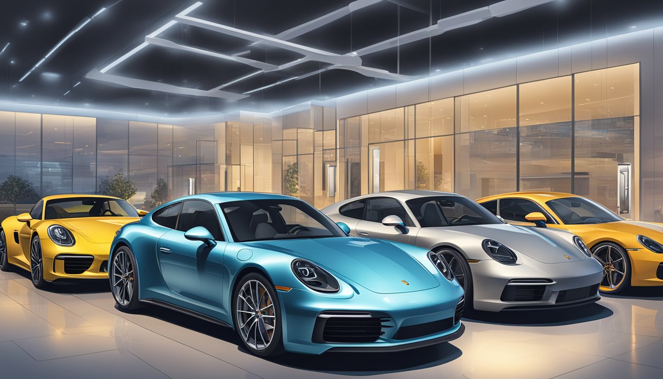A sleek Porsche lineup, with various models on display. A sign reads "Frequently Asked Questions: the best Porsche to buy." Bright lights illuminate the showroom