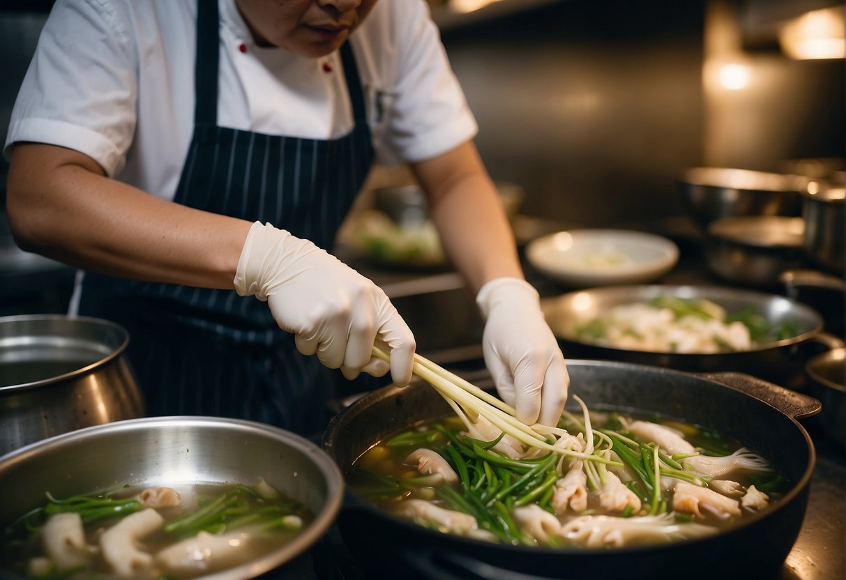 A chef carefully cleans and prepares fish bones, ginger, and scallions before simmering them in a pot of water to create a flavorful Chinese fish bone soup