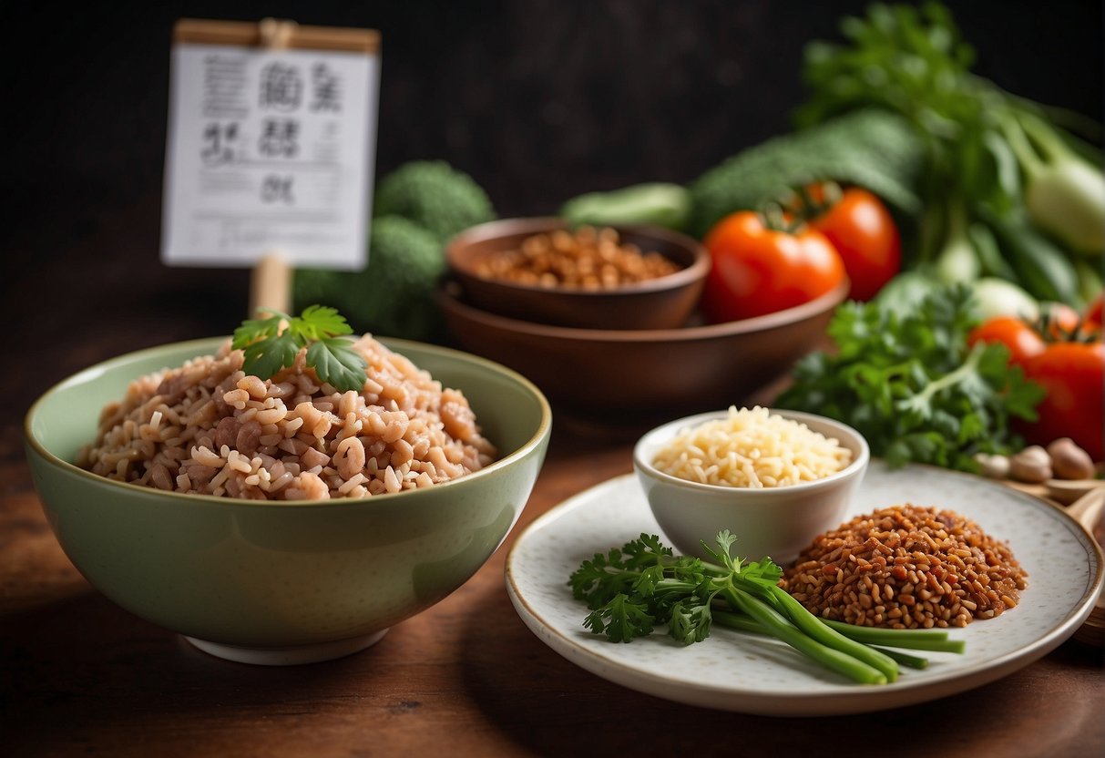 A bowl of minced pork with Chinese seasonings, surrounded by fresh vegetables and herbs, next to a handwritten card with nutritional information