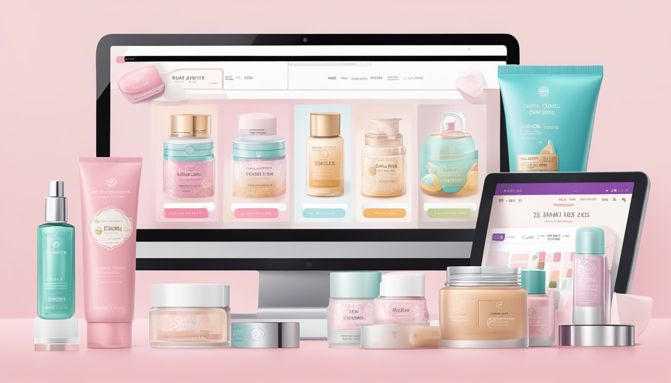 A computer screen displaying the Etude House website with various products, a credit card, and a shipping address