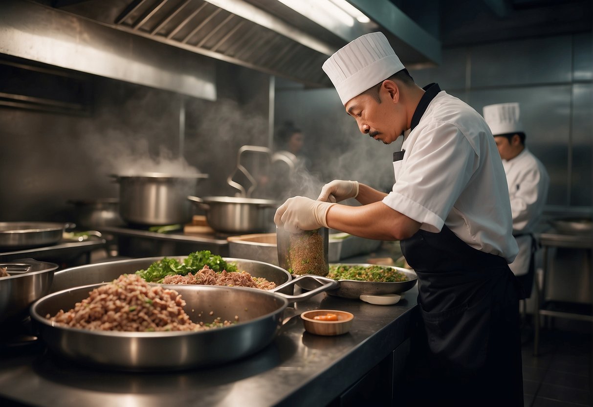 A chef mixing minced pork with Chinese seasonings in a bustling kitchen