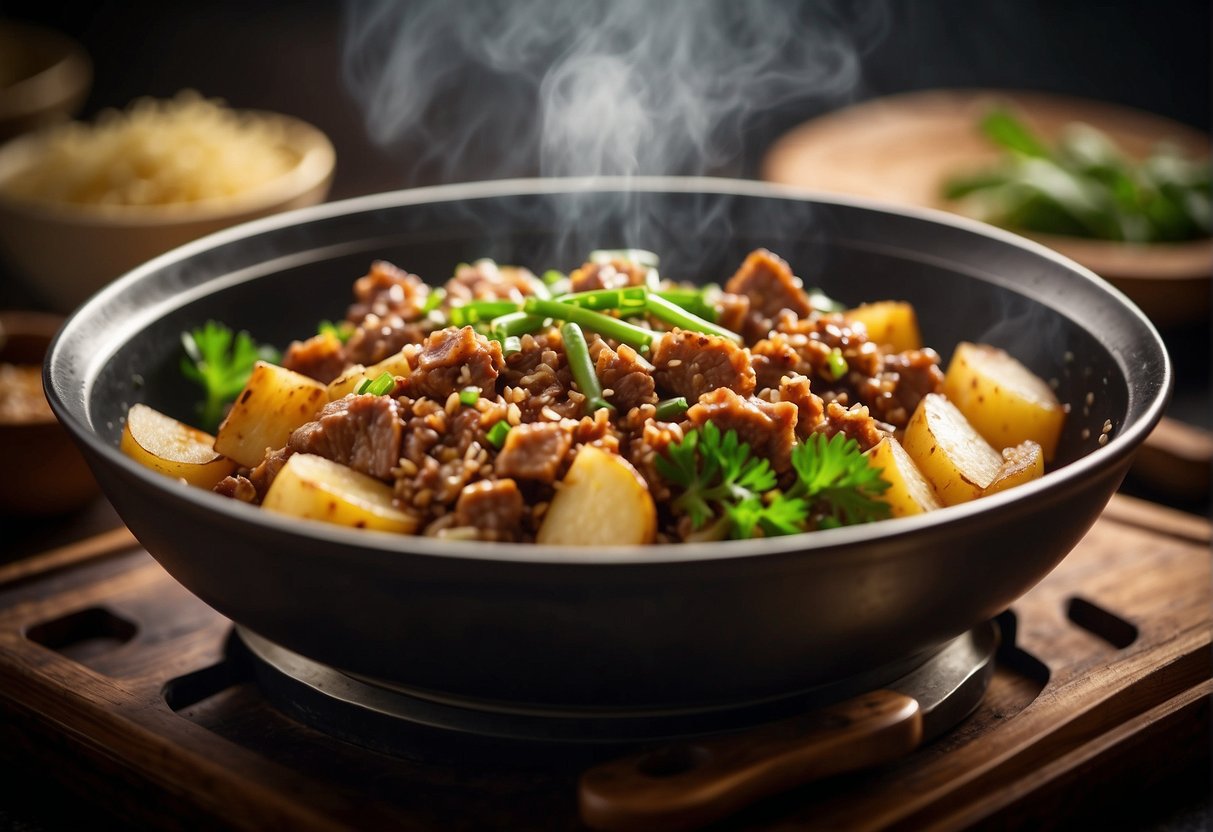 A bowl of minced pork and potato stir-fry sizzling in a wok with traditional Chinese seasonings