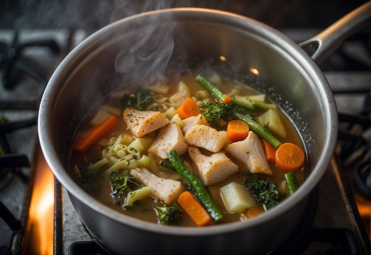 A pot simmers on a stove. Fish bones and vegetables float in the broth. Steam rises, filling the air with savory aromas