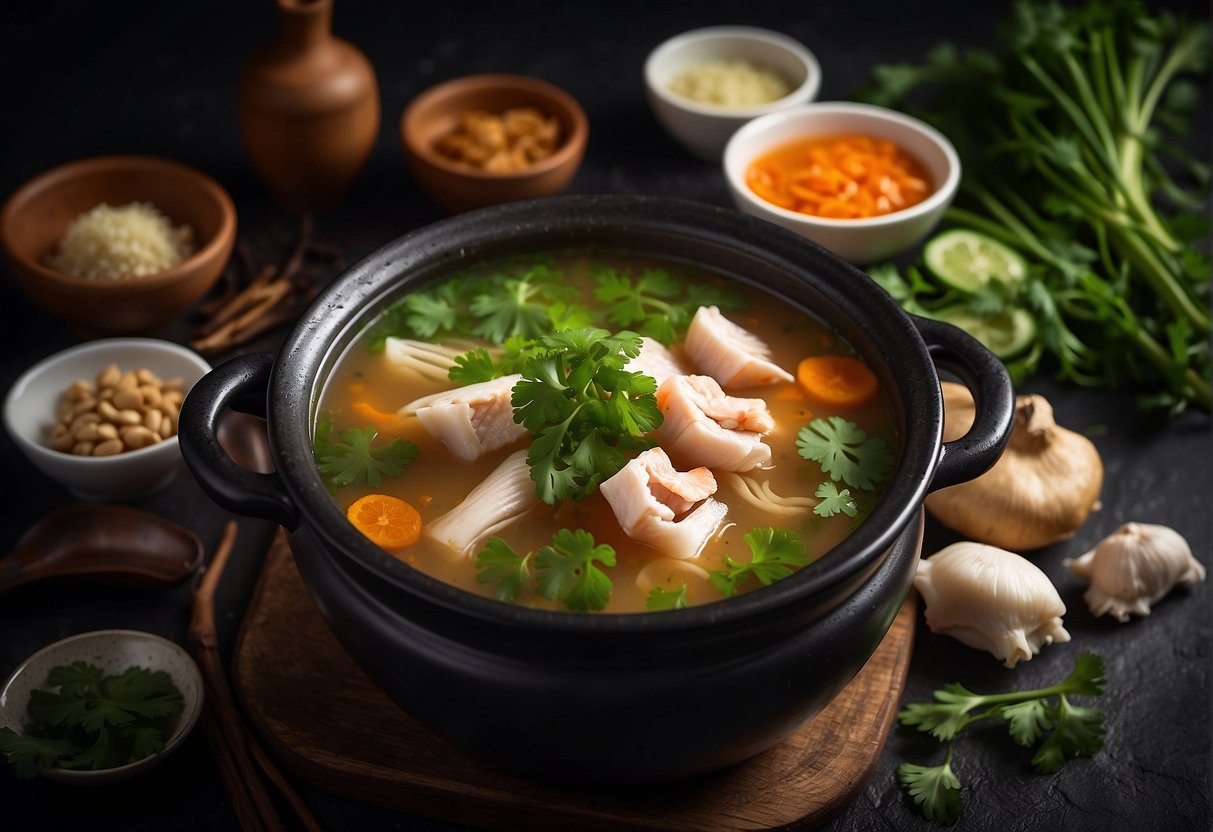 A steaming pot of Chinese fish bone soup surrounded by various ingredients like ginger, scallions, and cilantro