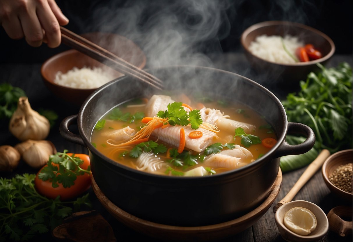 A steaming pot of Chinese fish bone soup surrounded by traditional herbs and spices. A chef's hand adds in the final ingredients, creating a fragrant and flavorful broth