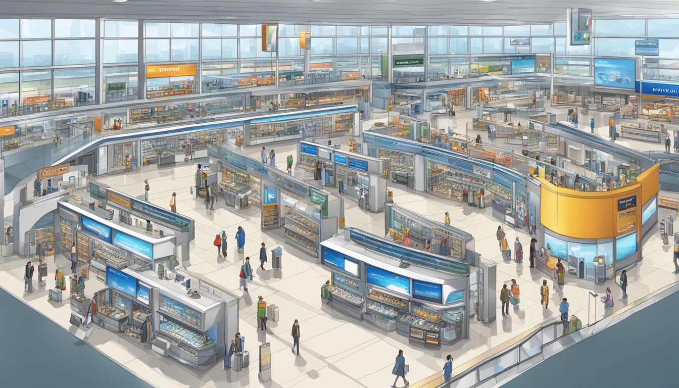 A bustling airport terminal with shops and kiosks, displaying various items like electronics, luxury goods, local souvenirs, and duty-free products