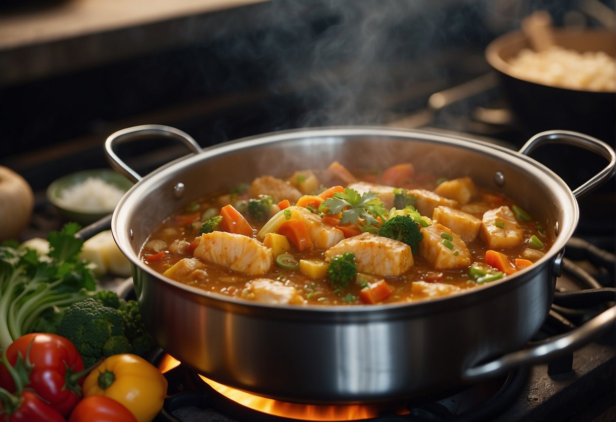 A steaming pot of Chinese fish curry simmers on a stove, filled with chunks of fish, colorful vegetables, and aromatic spices. A bowl of rice sits nearby, ready to be served
