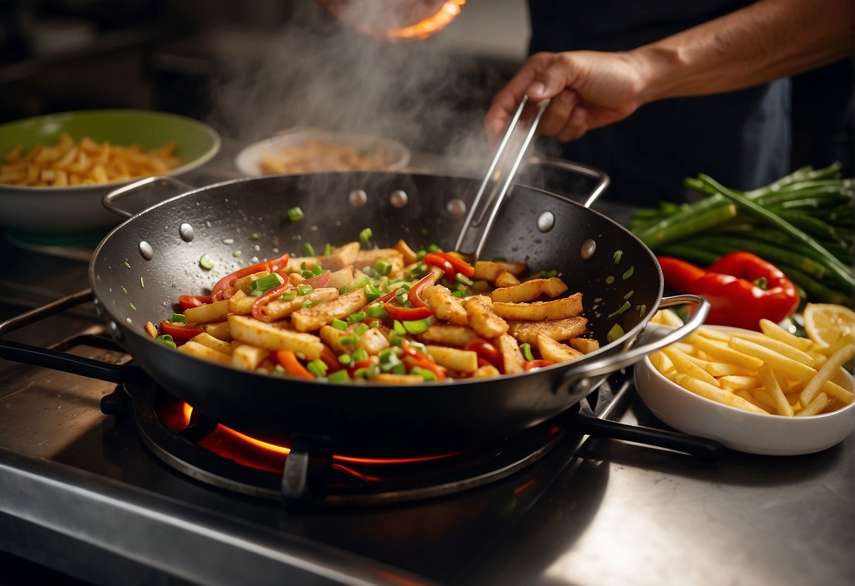 A wok sizzles with hot oil as a chef dips fish fillets in a seasoned batter, then fries them to golden perfection. Green onions and red peppers wait to be sprinkled on top