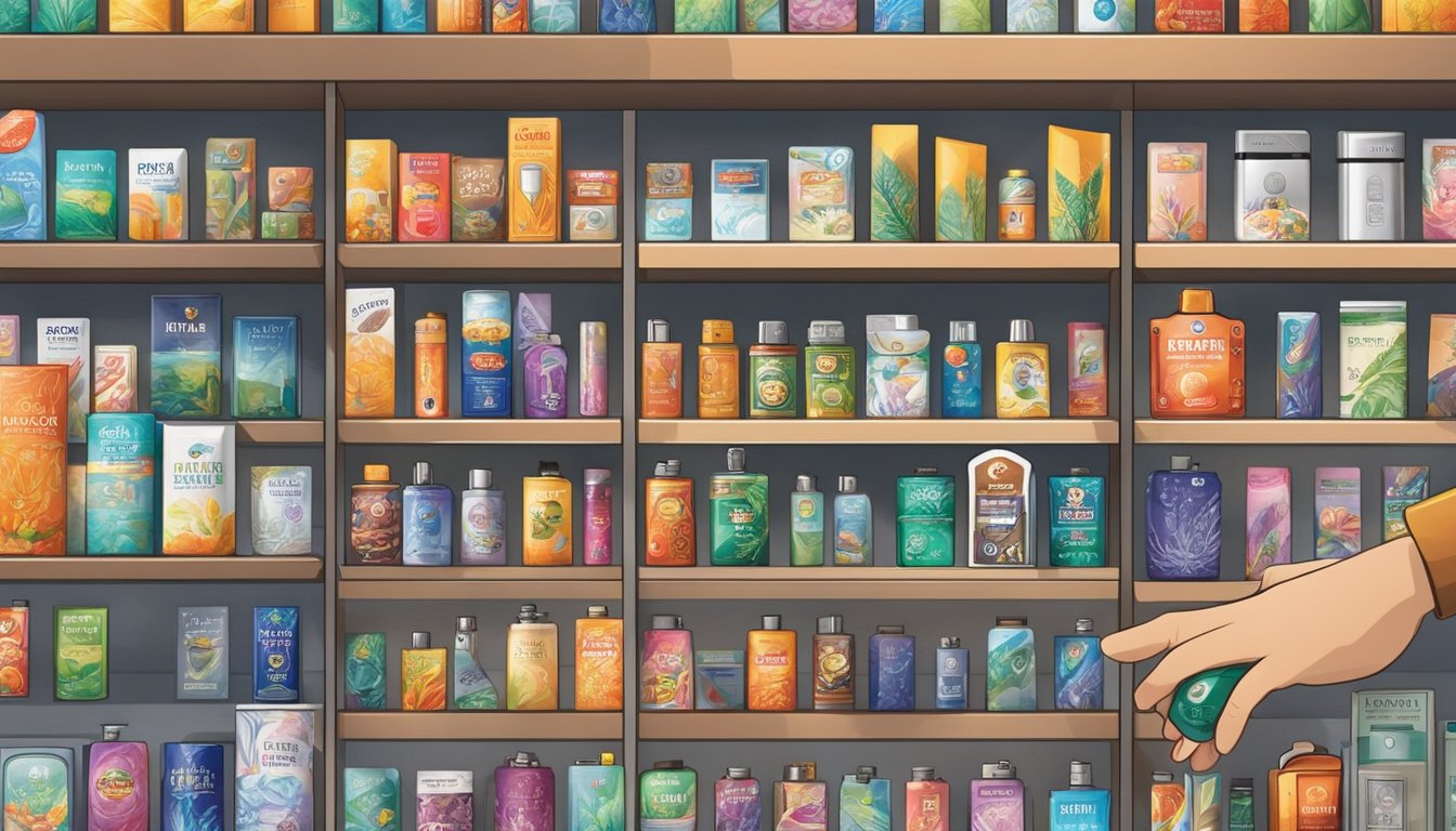 A hand reaches for a windproof lighter on a store shelf in Singapore, with various brands and designs on display