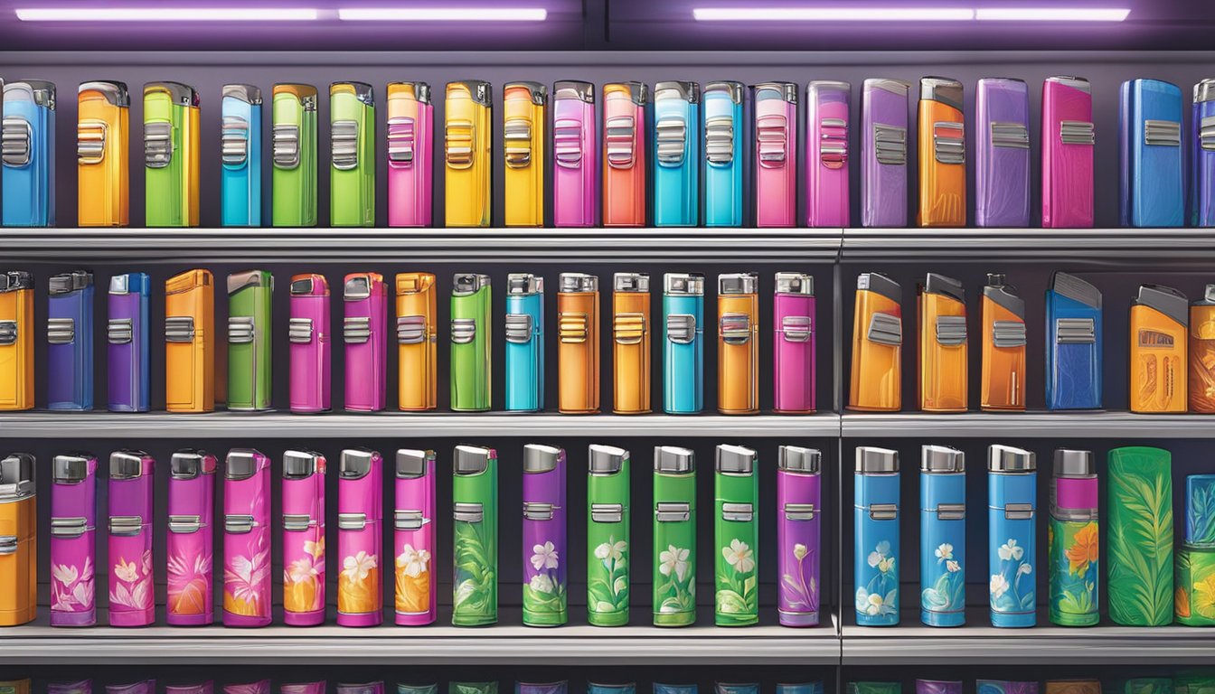 A display of windproof lighters on a shelf in a Singaporean convenience store. Brightly lit, with various brands and designs available for purchase