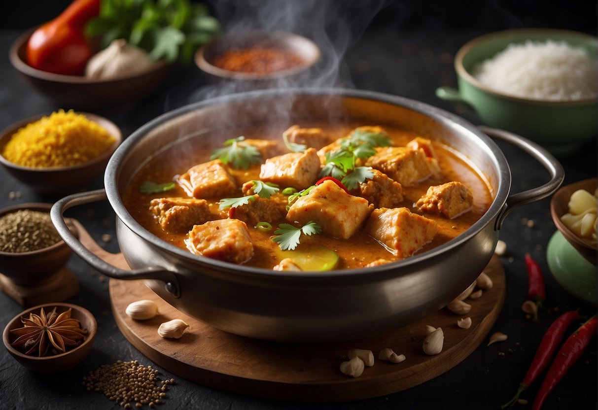A steaming pot of Chinese fish curry surrounded by traditional spices and ingredients, evoking the rich cultural significance and origins of the recipe