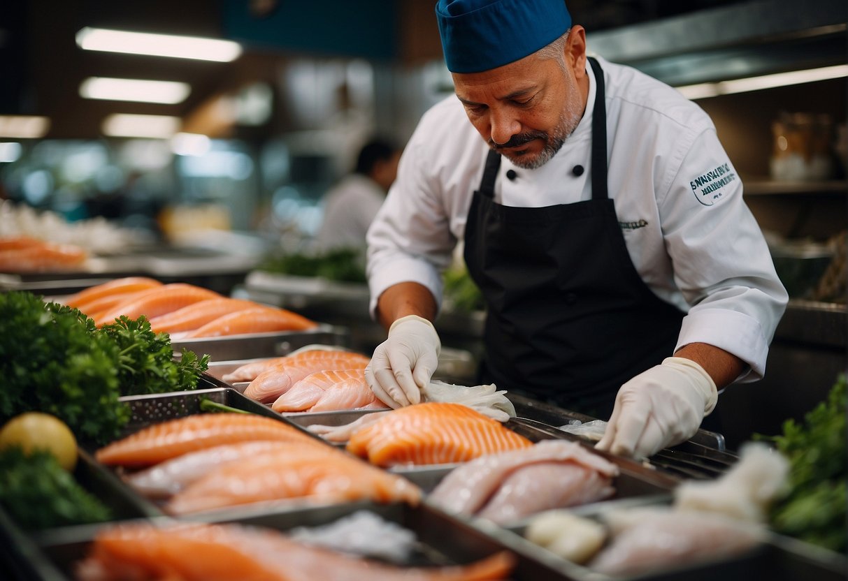 A chef carefully selects fresh fish fillets from a display of various types of fish at a local market