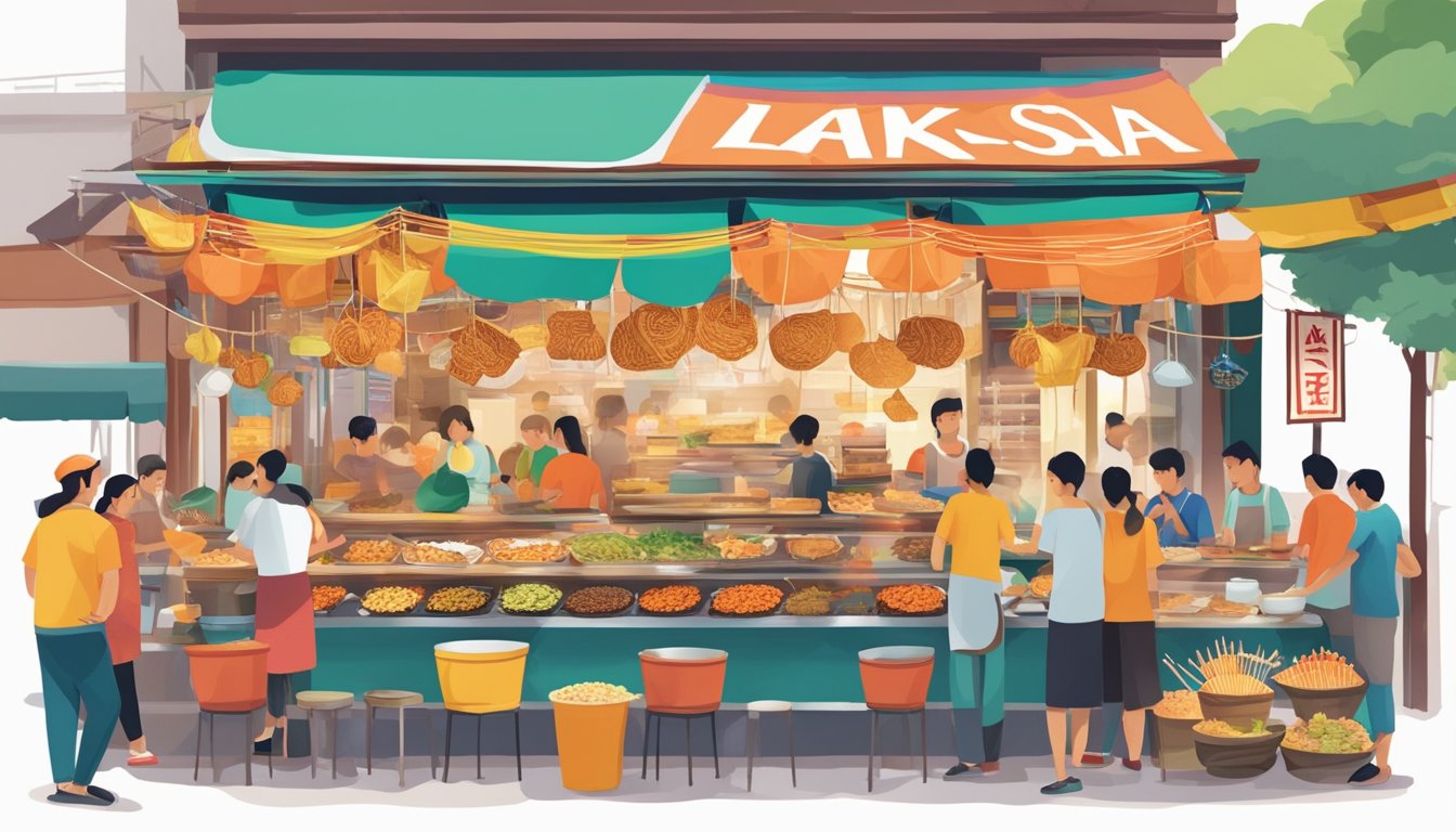 A hawker stall filled with steaming bowls of laksa, sizzling satay skewers, and colorful kueh desserts, surrounded by bustling crowds and vibrant shop displays