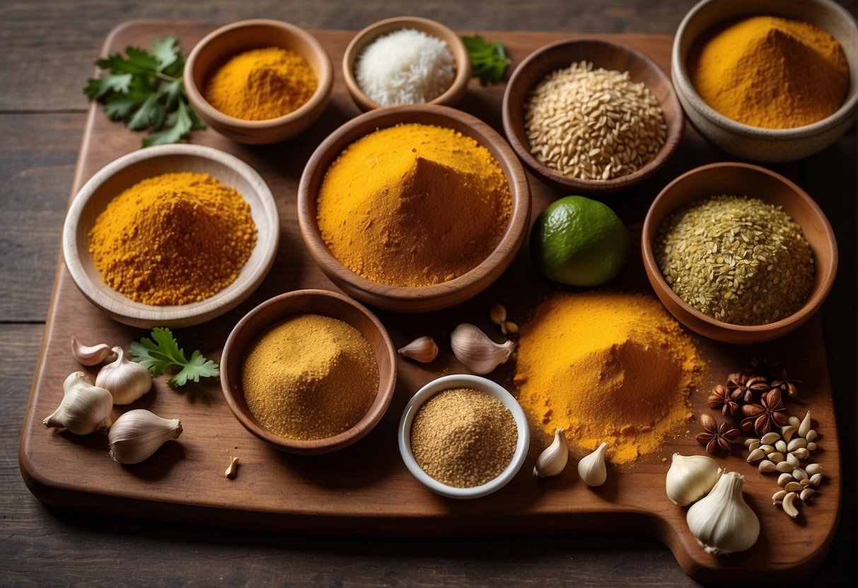 A variety of essential ingredients and spices are laid out on a wooden cutting board, including ginger, garlic, turmeric, coriander, and cumin, ready to be used in a Chinese fish curry recipe