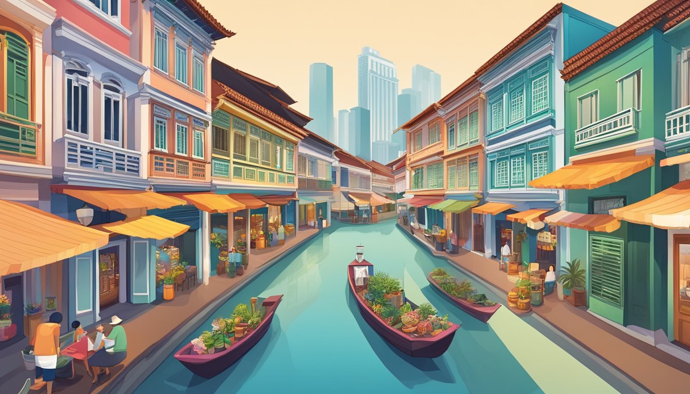 A colorful display of traditional Peranakan shophouses, vibrant street markets, and iconic landmarks like the Merlion, showcasing the unique Singaporean design aesthetic