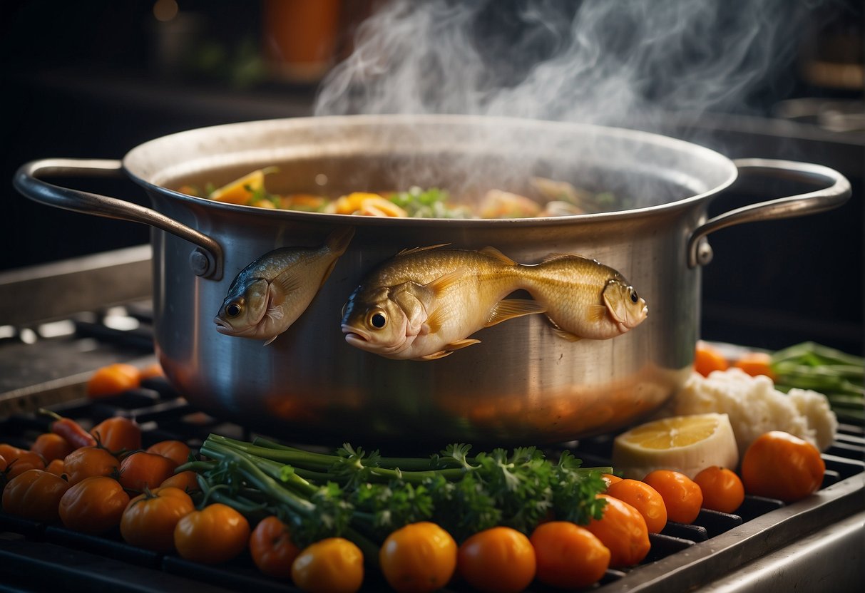 A large pot simmers on a stove, filled with fish heads, ginger, and vegetables in a fragrant broth. Steam rises as the stew bubbles, filling the air with savory aromas