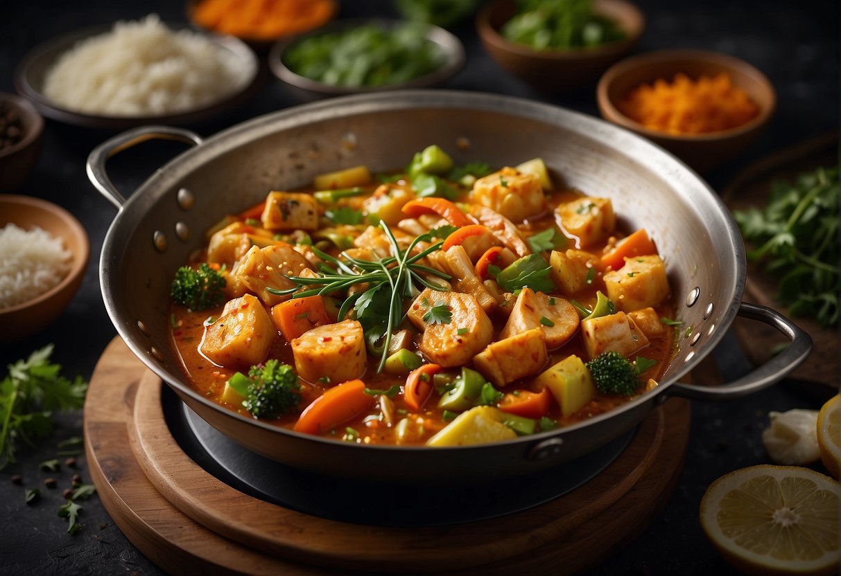 A wok sizzles with fragrant spices and chunks of fish simmering in a rich, golden curry sauce. Vegetables and herbs surround the bubbling pot