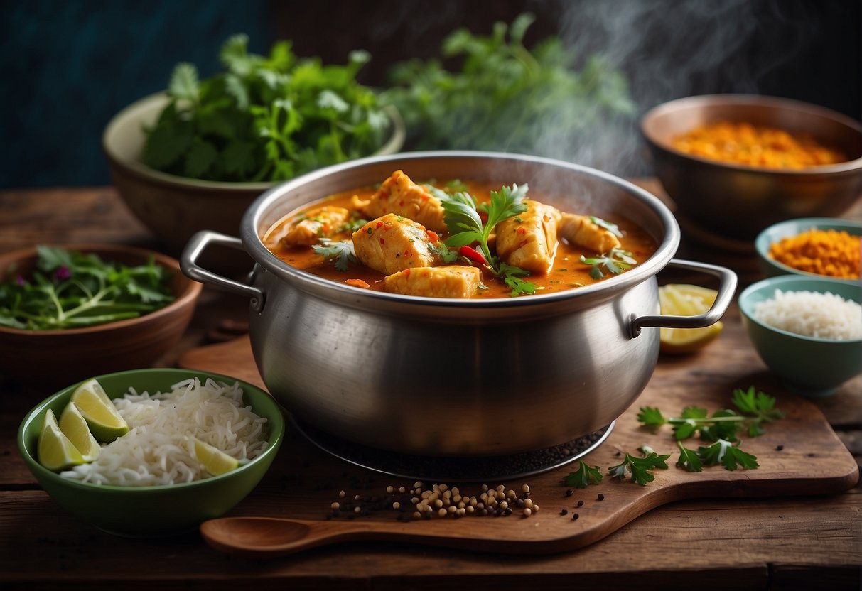 A steaming pot of Chinese fish curry sits on a rustic wooden table, surrounded by colorful bowls of fragrant spices and fresh herbs