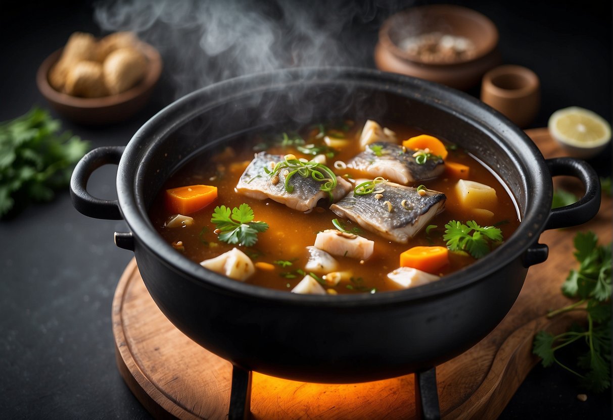 A large pot bubbling with Chinese fish head stew, filled with ginger, garlic, soy sauce, and fragrant herbs