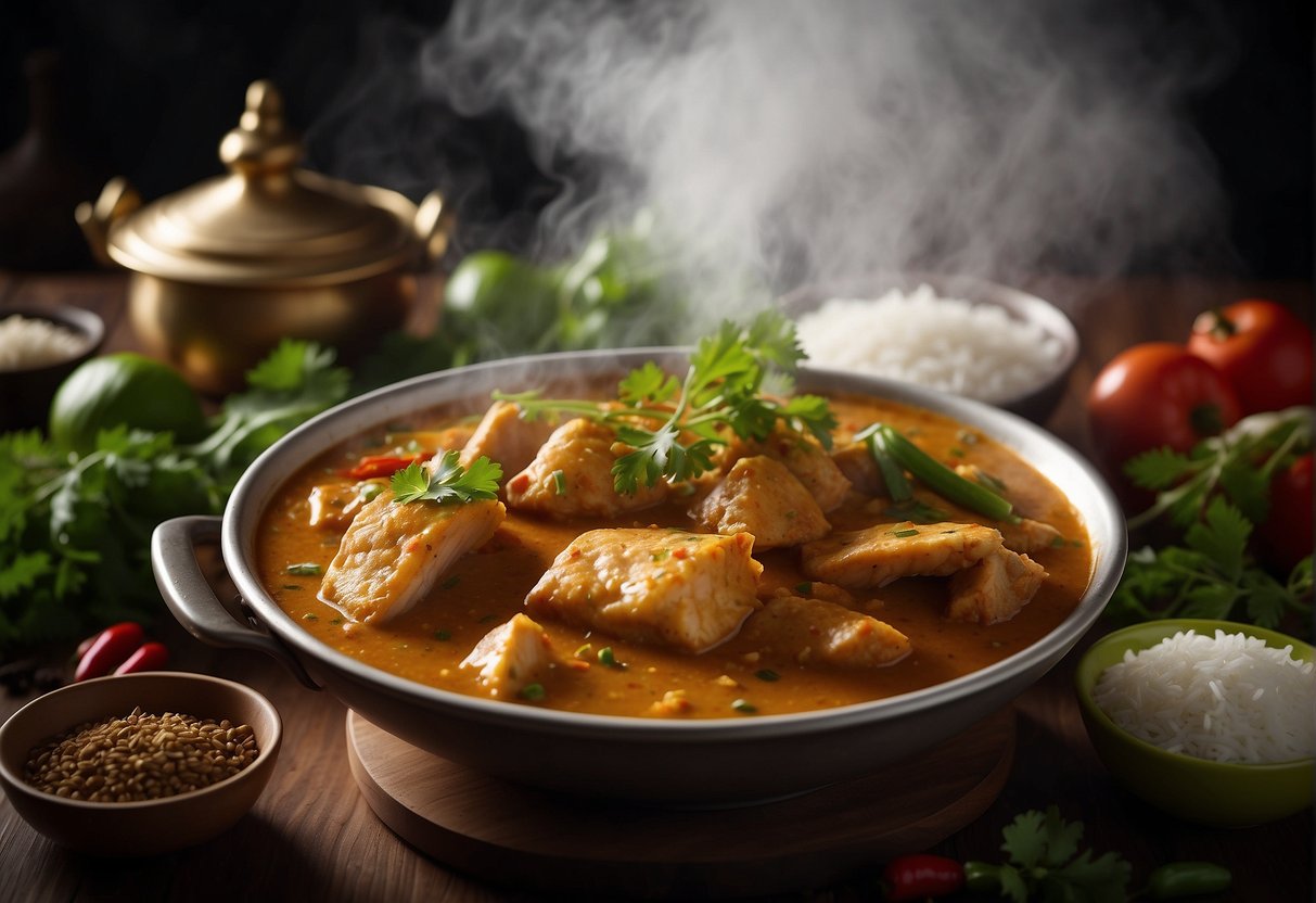 A steaming pot of Chinese fish curry surrounded by aromatic spices and herbs, with a bowl of fluffy white rice on the side
